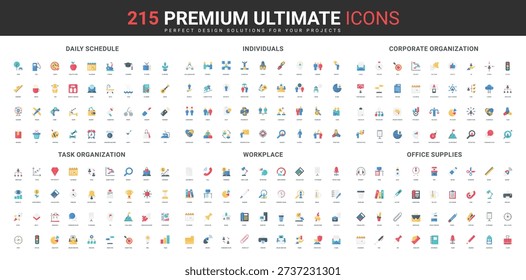 Daily routine schedule planner and business task organization, office workplace supplies color icon set. Community, communication and people relationship, corporate company flat vector illustration