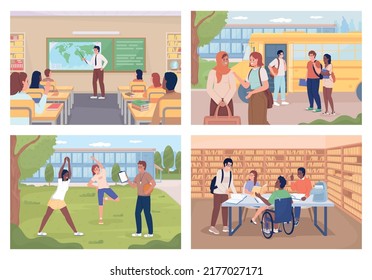 Daily routine of school students flat color vector illustration set. School education. Academic period. Fully editable 2D simple cartoon characters collection with school environment on background