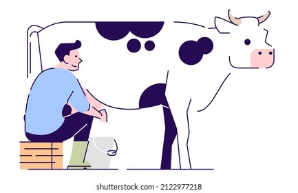 Daily routine semi flat RGB color vector illustration. Male dairy farmer milking cow isolated cartoon character on white background