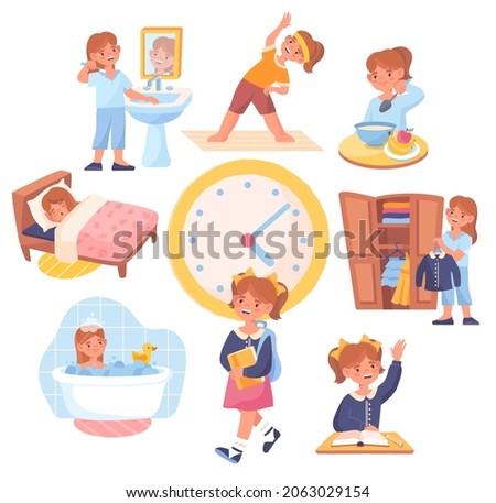 Daily routine set. Collection of images with girl. Day regimen, time management. Ordinary schoolgirl day. Exercise, hygiene, study. Cartoon flat vector illustration isolated on white background