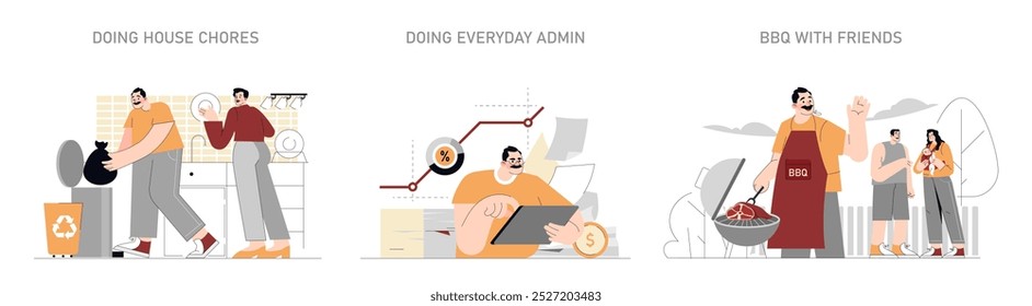 Daily routine set. Domestic chores, administrative tasks, and socializing at a barbecue. Managing home life, handling paperwork, enjoying leisure time with friends. Vector illustration.