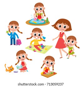 Daily routine set, little girl washing dishes, helping mother, feeding cat, going to school, cooking, playing, cartoon vector illustration isolated on white background. Daily routine set, little girl
