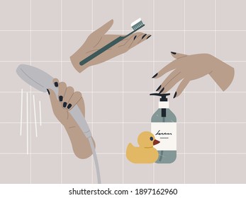 A daily routine set: taking shower, brushing teeth, and washing hands stickers