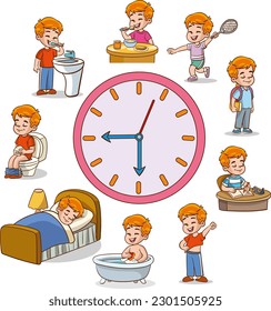 Rutina diaria con relojes simples.Vector con niño. Caricatura divertida. Ilustración vectorial. aislado en fondo blanco