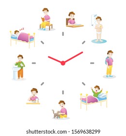 Daily routine with simple watch. Children daily routine activities, A Cute Boy in different situations