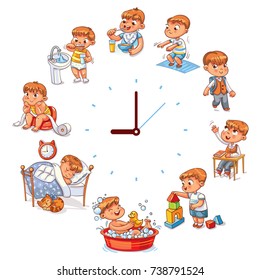 Daily routine with simple watches. Vector set with baby boy. Funny cartoon character. Vector illustration. Isolated on white background