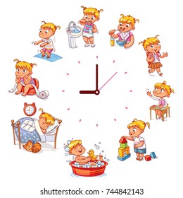 Daily routine with simple watches. Vector set with baby girl. Funny cartoon character. Vector illustration. Isolated on white background