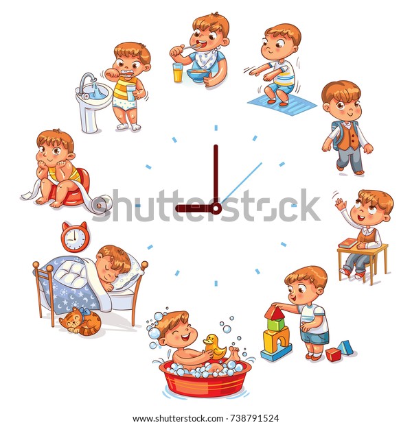 簡単な時計を持つ日常のルーチン 赤ちゃんの男の子と一緒のベクター画像セット おかしな漫画のキャラクター ベクターイラスト 白い背景に分離型 のベクター画像素材 ロイヤリティフリー