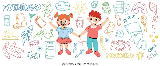 Daily routine sketch icon with funny kids in doodle style. Cartoon boy and girl doing every day activities. Happy characters brush teeth, eat breakfast, play with toys in kindergarten, study at school