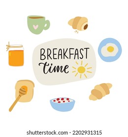 Daily routine stickers set. Cute cartoon vector breakfast icons for planning and motivation. Hand drawn flat printable stickers scrapbook for planner and bullet journal