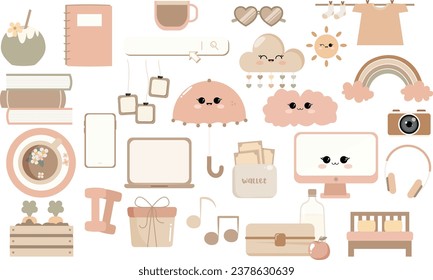 Daily routine stickers set. Cute cartoon vector icons for planning journal. Daily Digital Planner Stickers vector set.