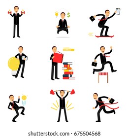 Daily routine of successful businessman set, businessman at work metaphor vector Illustrations
