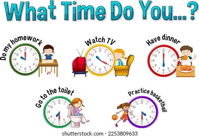 Daily routine with time and cartoon characters illustration