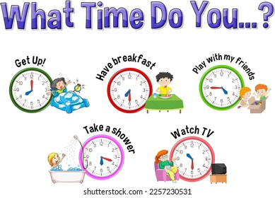 Daily routine with time and cartoon characters illustration