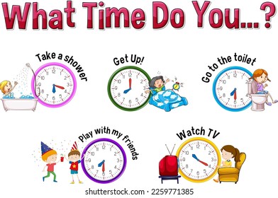 Daily routine with time and cartoon characters illustration