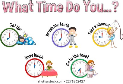 Daily routine with time and cartoon characters illustration