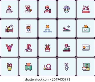 Daily routine vector icon set representing morning activities and processes