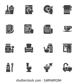 Conjunto diario de iconos vectoriales rutinarios, colección moderna de símbolos sólidos, paquete de pictogramas estilo relleno. Señales, ilustración del logotipo. El conjunto incluye iconos como limpieza, lavado de lavado, planeamiento, desayuno matutino, ducha