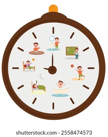 Daily routine vector illustration. Daily routine vector set, waking up,sleeping,teeth brushing, school, playing, bathing.