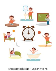 Daily routine vector illustration. Daily routine vector set, waking up,sleeping,teeth brushing, school, playing, bathing.