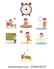 Daily routine vector illustration. Daily routine vector set, waking up,sleeping,teeth brushing, school, playing, bathing.