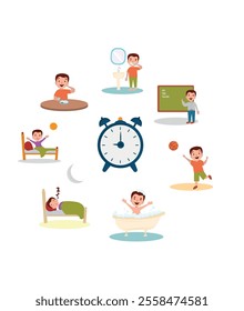 Daily routine vector illustration. Daily routine vector set, waking up,sleeping,teeth brushing, school, playing, bathing.