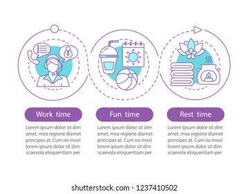 Daily routine vector infographic template. Work, fun, rest time. Presentation. Time management. Data visualization with three steps, options. Process timeline chart. Workflow layout with linear icons