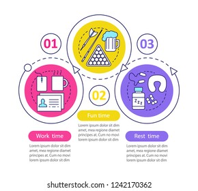 Daily routine vector infographic template. Work, fun, rest time. Time management. Data visualization with three steps and options. Process timeline chart. Workflow layout with linear icons