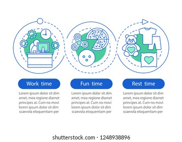 Daily routine vector infographic template. Work, fun, rest time. Presentation. Time management. Data visualization with three steps, options. Process timeline chart. Workflow layout with linear icons