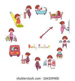 Daily Routine. Vector set with funny girl.