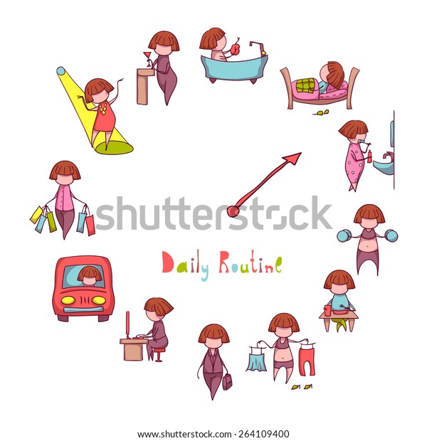 Daily Routine. Vector set with funny girl.
