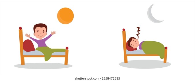 Daily Routine Wake up morning, sleep at night. Cute vector illustrations for daily routine