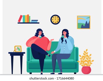 Daily routine woman character, couple female sitting drink tea, coffee isolated on white, flat vector illustration. Girl talk friendly conversation, cozy room interior people relax dialogue.