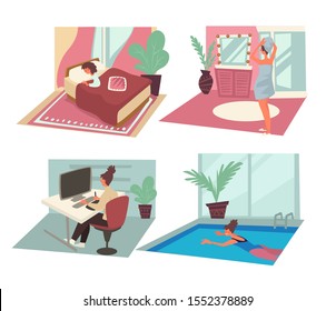 Daily routine of woman. Female wake up in the morning, take a bath, work at office, evening exercise in swimming pool. Day schedule, lifestyle activities set of colourful vector illustrations.