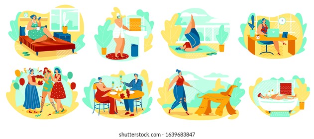 Daily routine of woman hand draw character vector illustration. One day of life average woman, morning hygiene, work office, romantic date and spend time with friends. Scenes from everyday girls life