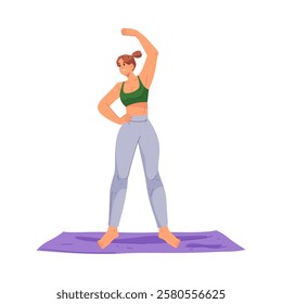 Daily routine of woman, isolated female personage standing on mat doing exercises. Vector flat cartoon character caring for body, physical development and keeping fit activities at home.
