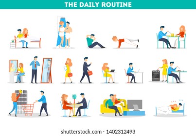 Daily routine of a woman and man couple set. Having breakfast in the morning, work and sleep. Businessman schedule. Working in office on computer. Isolated vector illustration in cartoon style