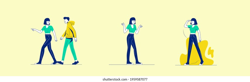 Daily routine of a woman and man set. girl and men talking together, women are confused. girls are looking for something. illustration in cartoon style.