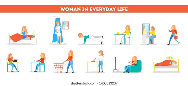 Daily routine of a woman set. Girl having breakfast in the morning, work and sleep. Businessman schedule. Working in office on computer. Isolated vector illustration in cartoon style