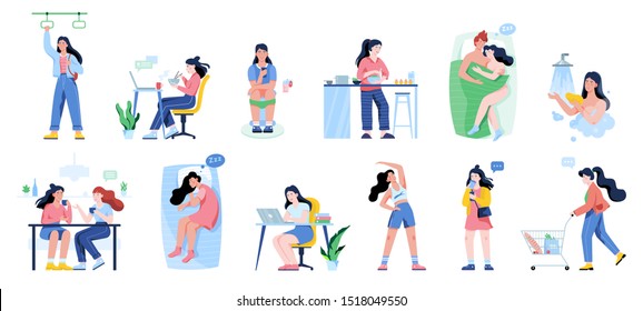 Daily routine of a woman set. Girl having breakfast in the morning, work and sleep. Businessman schedule. Working in office on computer. Isolated vector illustration in flat style