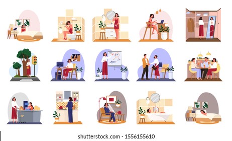 Daily routine of a woman set. Girl having breakfast in the morning, work and sleep. Businesswoman schedule. Working in office on computer. Isolated vector illustration in cartoon style