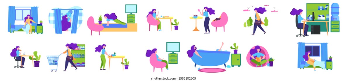 Daily routine of a woman set. Girl having breakfast in the morning, work and sleep. Businesswoman schedule. Working in office on computer. Isolated vector illustration in cartoon style