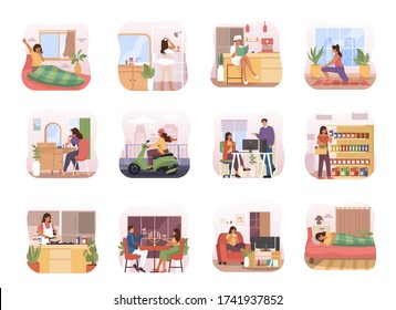 Rutina diaria de una mujer. Serie de escenas de la vida cotidiana. Dormir, comer, trabajar, hacer ejercicio, comprar comestibles. Ilustración de caricatura plana