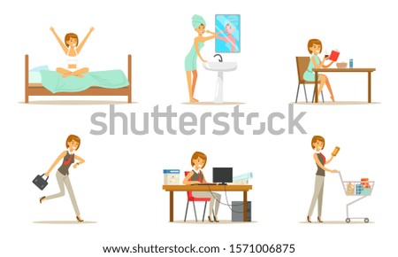 Daily routine for a woman. Set of vector illustrations.