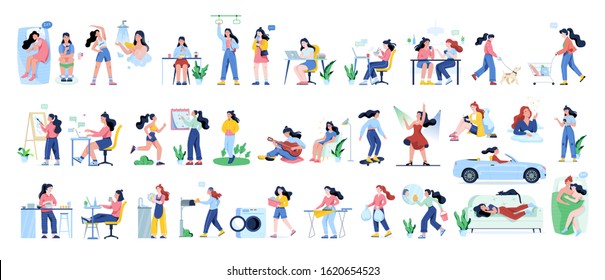 Daily routine of a woman set. Young woman activities. Sport, recreation and entertainment. Isolated vector illustration in flat style