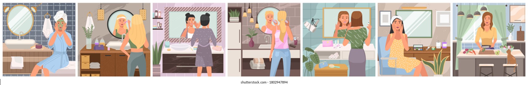 Daily routine of woman. Set of young woman activities. Everyday leisure. Cleansing, moisturizing, treating. Daily life scenes. Various spa procedures. Face care. Vector illustration in flat style