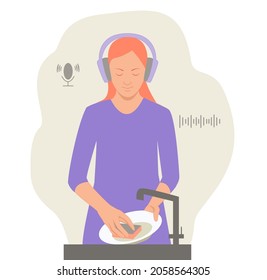 Daily routine. A woman washes dishes and listens to a podcast or music. A woman with headphones. Washing dishes.