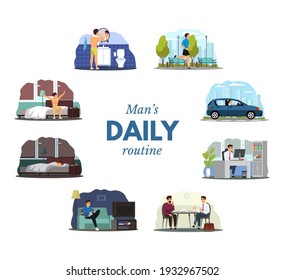 Daily routine of young man. Guy waking up, brushing teeth, running outdoor, commute to work in car, working in office, leisure with tv, sleeping. Schedule vector illustration.