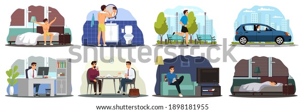 Daily routine of young man. Guy waking up,\
brushing teeth, exercising in park, driving to work in car, working\
in office, lunch with coworker, leisure, sleeping. Schedule vector\
illustration.