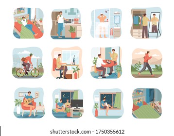 Daily routine of a young man. Set of daily life scenes. Sleeping, eating, working, exercise and playing game. Flat cartoon character illustration